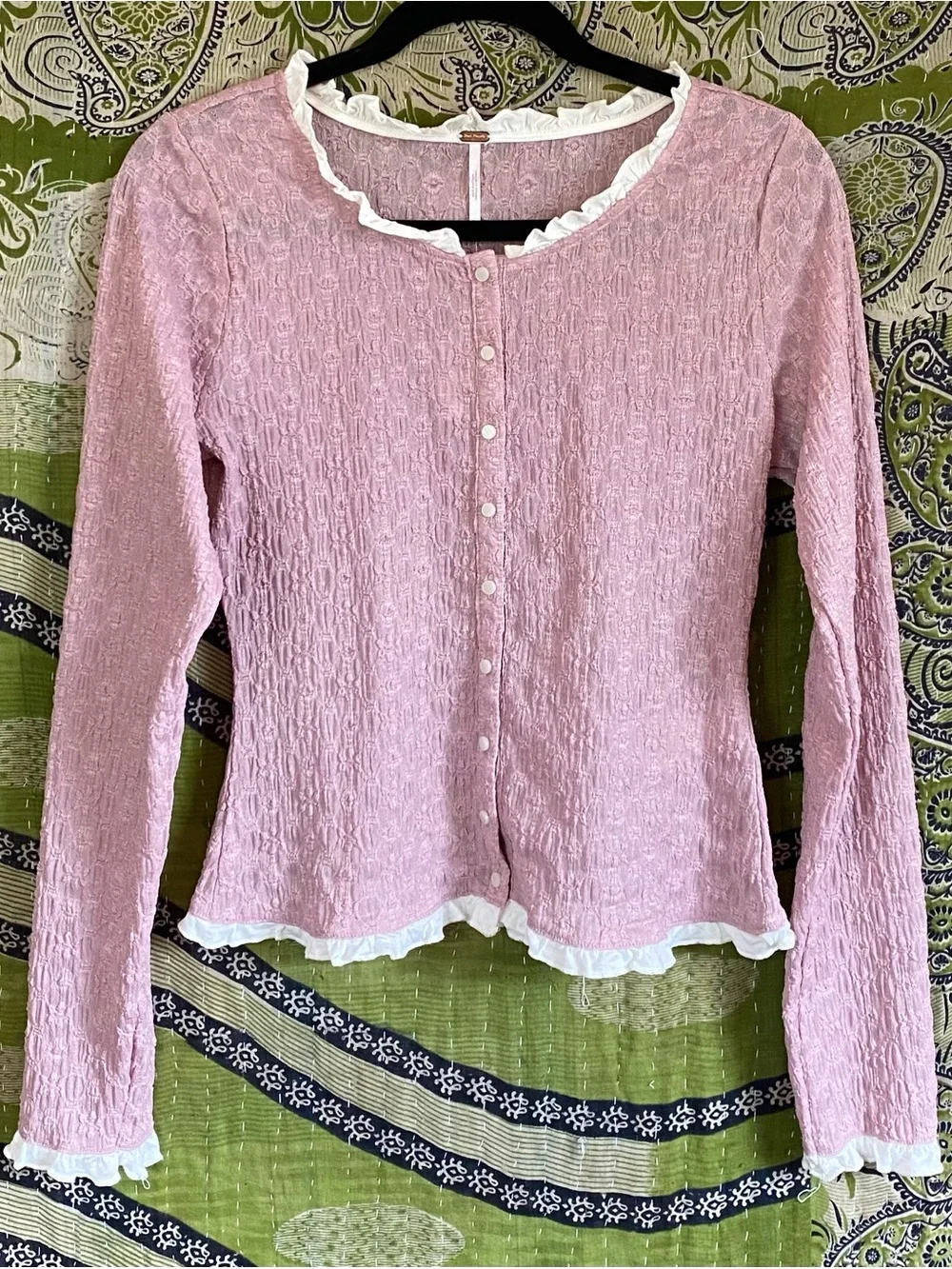 NWT Free People Mauve Blackbird Cardi Textured Ruffle-Trim Top Medium Balletcore - Picture 2 of 15